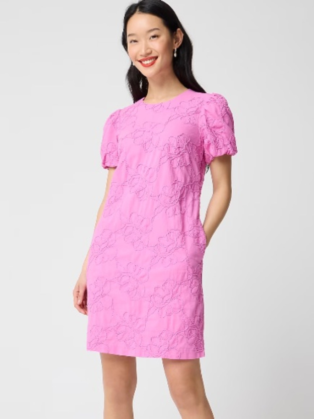 J crew embroidered puff-sleeve mini dress pink